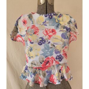 Vintage 70s 80s Floral Peplum‎ Short Sleeve Flowy Top Summer Rayon Flax USA